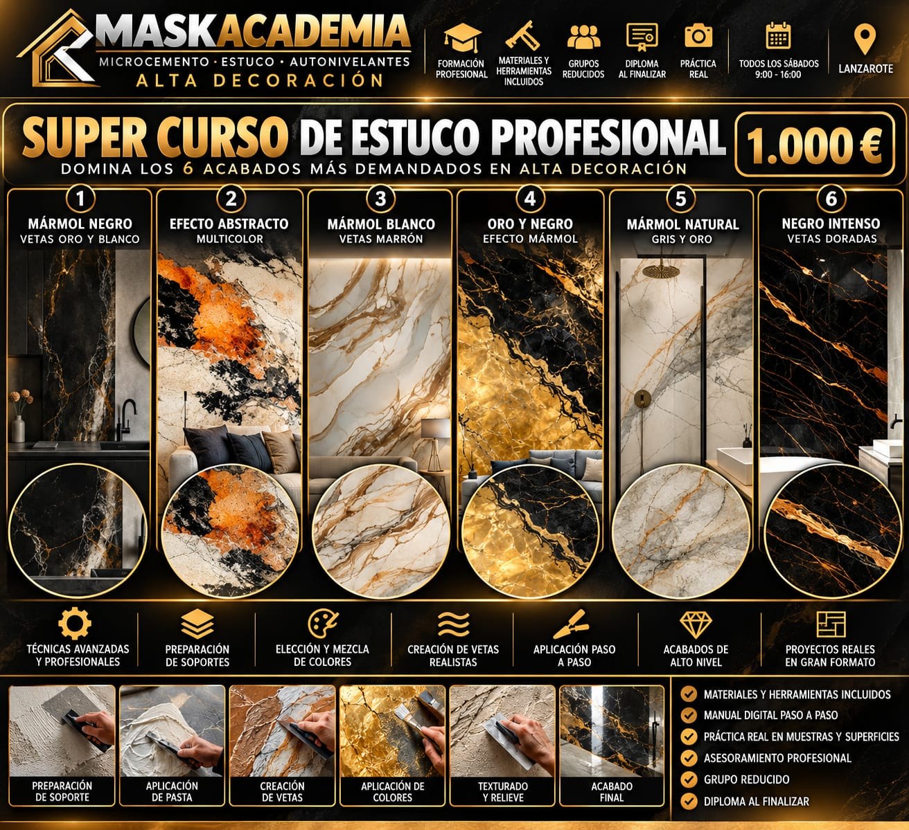 Súper curso de estuco profesional, 6 acabados de alta decoración, 1.000 euros