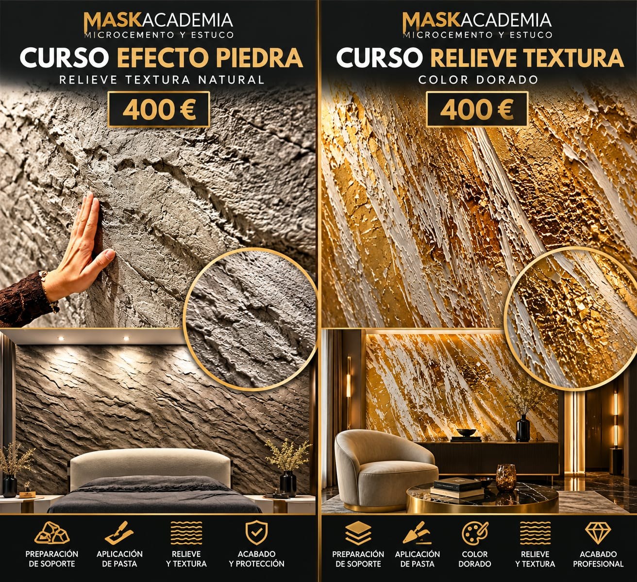 Curso efecto piedra relieve textura natural y color dorado, 400 euros